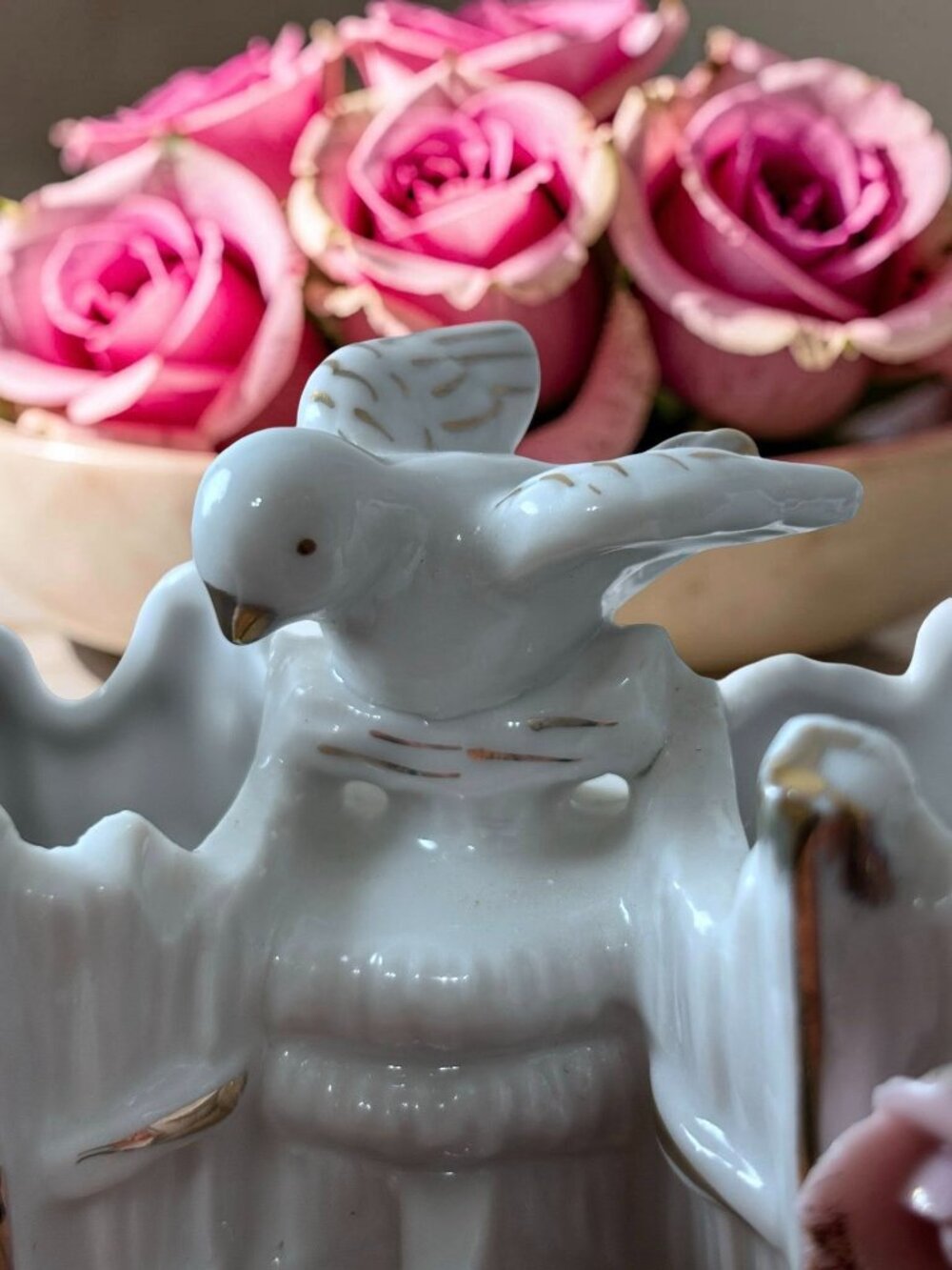 Vintage Bone China Birdhouse Small 2 Hole Vase With Birds & Pink Rose Accents - - Picture 6 of 7